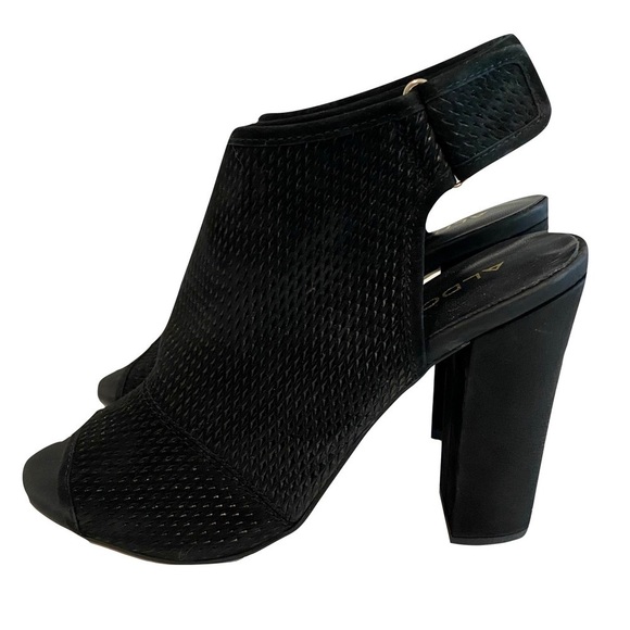 ALDO Black Perforated Suede Slingback Shooties, Peep Toe Block Heel Size 10 - Picture 5 of 12